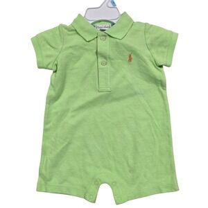 Ralph Lauren Baby Boy Lime Green Polo Romper Short Sleeve Pique 6M Orange Pony